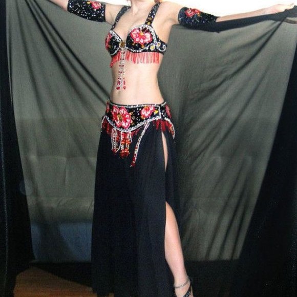Ameynra BellyDance Costume Black-Red Full Set Sz S - Picture 1 of 4